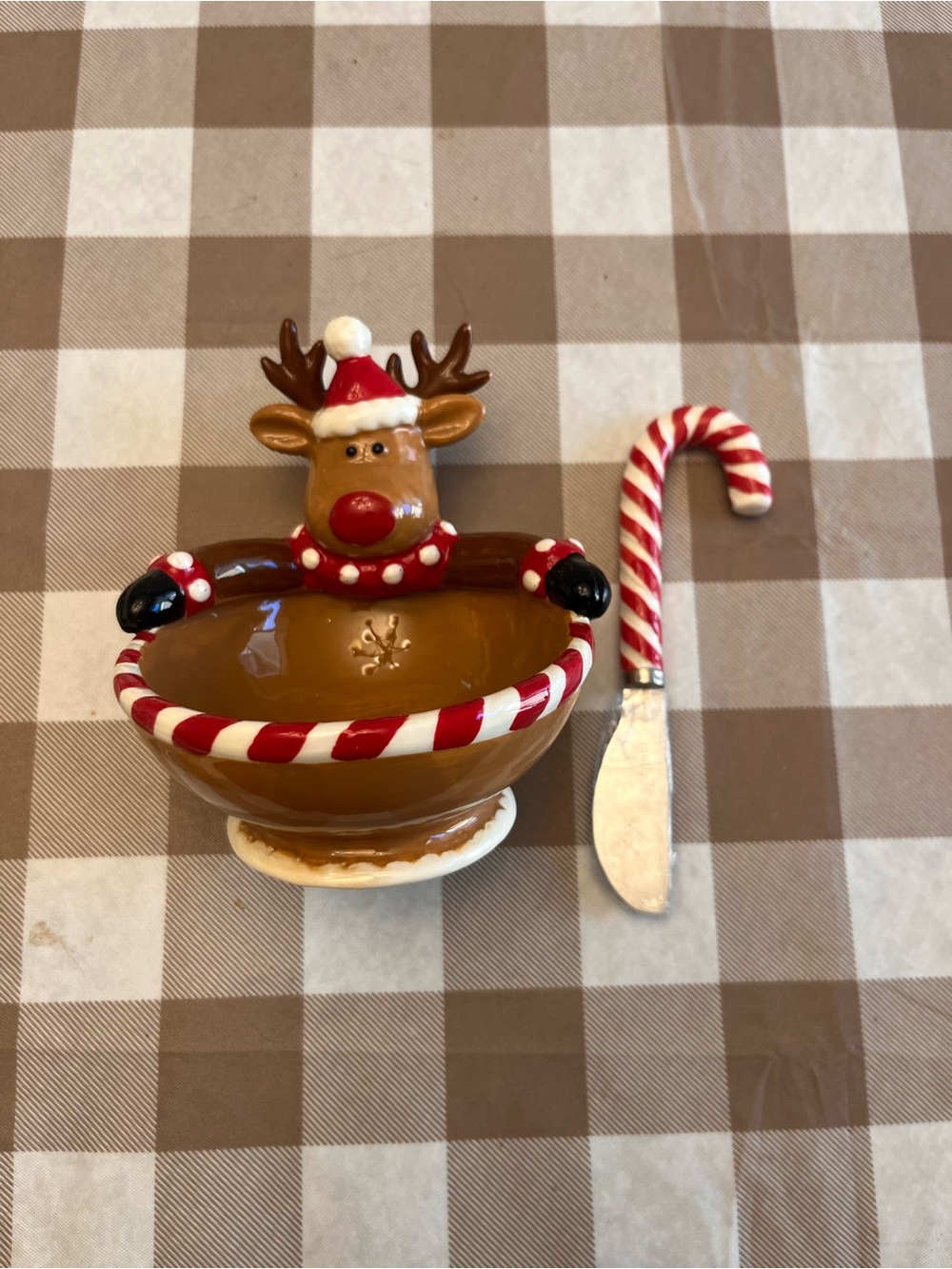 Christmas Reindeer Butter/Candy Dish with Candy Cane butter knife - Picture 2 of 3